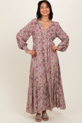 Cream Floral V-Neck Bubble Sleeve Maternity Maxi Dress