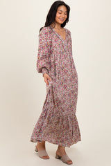 Cream Floral V-Neck Bubble Sleeve Maxi Dress