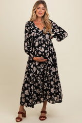 Black Floral Textured Bubble Sleeve Maternity Maxi Dress