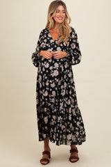 Black Floral Textured Bubble Sleeve Maternity Maxi Dress