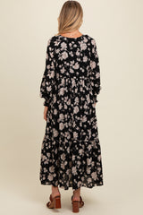 Black Floral Textured Bubble Sleeve Maternity Maxi Dress