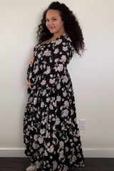 Black Floral Textured Bubble Sleeve Maternity Maxi Dress