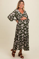 Olive Floral Textured Bubble Sleeve Maternity Maxi Dress