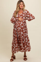 Rust Floral Textured Bubble Sleeve Maternity Maxi Dress