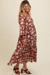 Rust Floral Textured Bubble Sleeve Maternity Maxi Dress