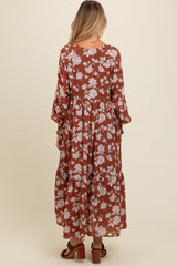 Rust Floral Textured Bubble Sleeve Maternity Maxi Dress