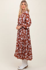 Rust Floral Textured Bubble Sleeve Maxi Dress