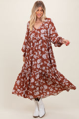 Rust Floral Textured Bubble Sleeve Maxi Dress