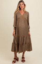 Mocha Floral Lace Trim Bubble Sleeve Maternity Maxi Dress