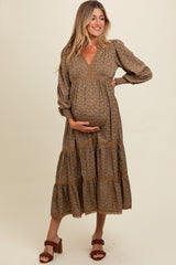 Mocha Floral Lace Trim Bubble Sleeve Maternity Maxi Dress