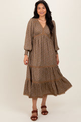 Mocha Floral Lace Trim Bubble Sleeve Maternity Maxi Dress