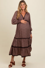 Brown Floral Lace Trim Bubble Sleeve Maternity Maxi Dress