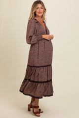 Brown Floral Lace Trim Bubble Sleeve Maternity Maxi Dress