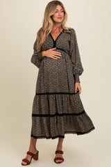 Black Floral Lace Trim Bubble Sleeve Maternity Maxi Dress