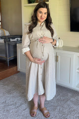 Mocha Striped Sash Tie Maternity Midi Shirt Dress