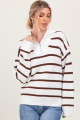 Brown Striped Knit Half Zip Sweater