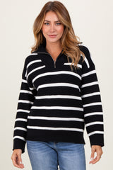 Black Striped Knit Half Zip Maternity Sweater