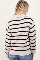 Cream Black Striped Knit Half Zip Sweater