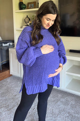 Periwinkle Chunky Waffle Knit Maternity Turtleneck Sweater