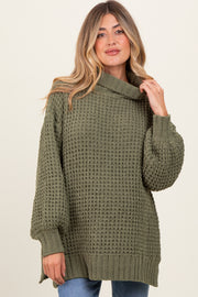 Olive Chunky Waffle Knit Maternity Turtleneck Sweater