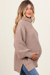 Dark Beige Chunky Waffle Knit Maternity Turtleneck Sweater