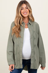 Light Olive Embroidered Snap Button Maternity Shirt Jacket