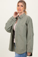 Light Olive Embroidered Snap Button Shirt Jacket