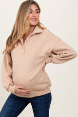 Beige Oversized Long Sleeve Polo Maternity Pullover