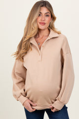 Beige Oversized Long Sleeve Polo Maternity Pullover