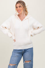 Cream Ribbed Knit Button Front Hooded Maternity Sweater