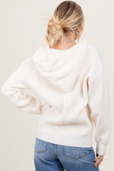 Cream Ribbed Knit Button Front Hooded Sweater