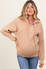 Beige Ribbed Knit Button Front Hooded Maternity Sweater