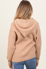 Beige Ribbed Knit Button Front Hooded Maternity Sweater