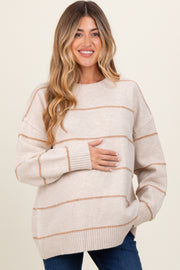 Beige Striped Drop Shoulder Maternity Sweater