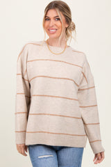 Beige Striped Drop Shoulder Sweater