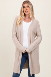 Beige Contrast Rib Long Open Cardigan