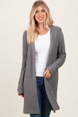 Charcoal Contrast Rib Long Open Cardigan