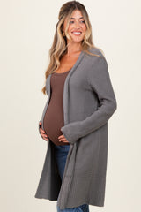 Charcoal Contrast Rib Long Maternity Open Cardigan