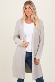 Cream Contrast Rib Long Open Cardigan