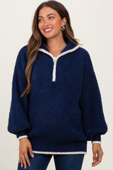 Navy Soft Fuzzy Knit Quarter Zip Maternity Pullover Sweater