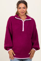 Magenta Soft Fuzzy Knit Quarter Zip Maternity Pullover Sweater