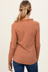 Camel Ruffle Collar Micro Waffle Knit Maternity Henley Top