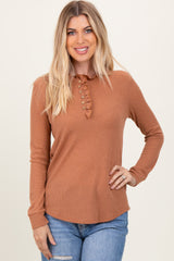 Camel Ruffle Collar Micro Waffle Knit Henley Top