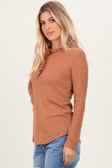 Camel Ruffle Collar Micro Waffle Knit Henley Top