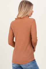 Camel Ruffle Collar Micro Waffle Knit Henley Top