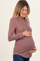 Plum Ruffle Collar Micro Waffle Knit Maternity Henley Top