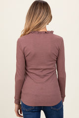 Plum Ruffle Collar Micro Waffle Knit Maternity Henley Top