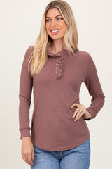 Plum Ruffle Collar Micro Waffle Knit Henley Top