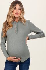 Olive Ruffle Collar Micro Waffle Knit Maternity Henley Top