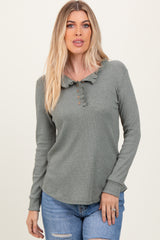 Olive Ruffle Collar Micro Waffle Knit Maternity Henley Top